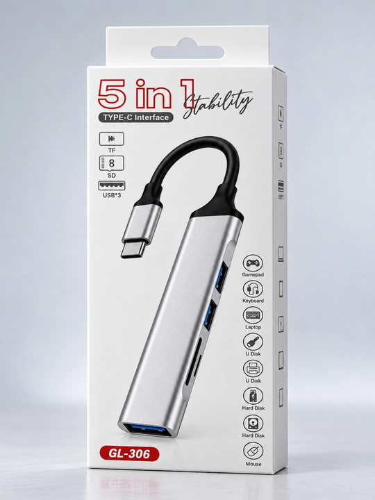 USB hub 3.0 Type-C, 8 ta port va kartrider bilan
