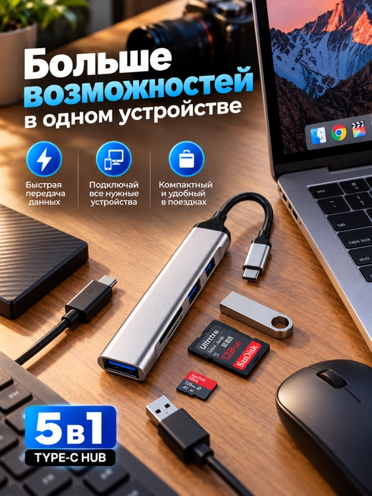 USB hub 3.0 Type-C, 8 ta port va kartrider bilan
