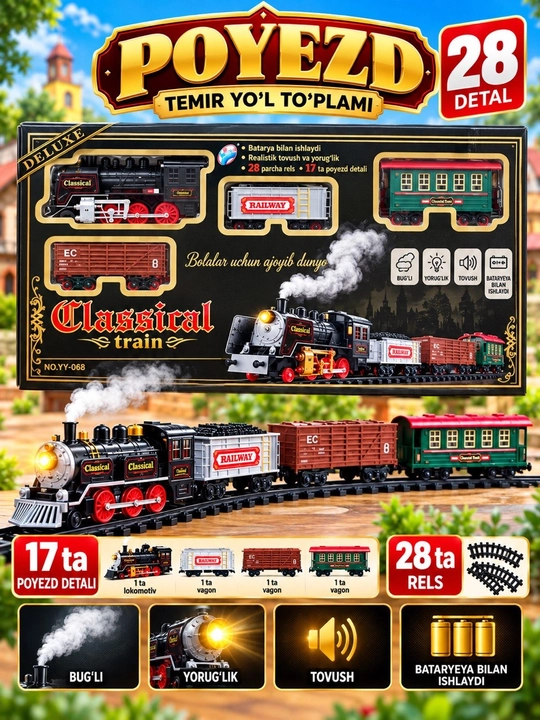 Bug‘, yorug‘lik va tovushli o‘yinchoq poyezd, 7 metrli temir yo‘l