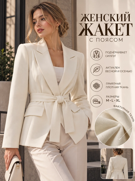 Женский классический жакет с поясом для весны и осени - 