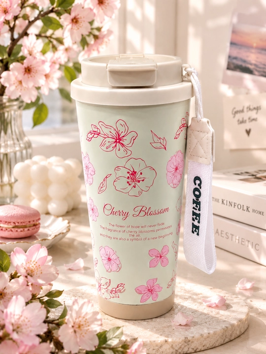 Issiq va sovuq ichimliklar uchun 500 ml li tasmali Cherry Blossom termos-termokrujkasi