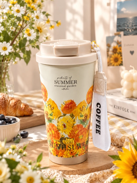 Issiq va sovuq ichimliklar uchun 500 ml li tasmali Cherry Blossom termos-termokrujkasi