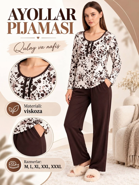 Ayollar viskozali pijama to‘plami, uzun yengli kofta va shim, uy kiyimi, 52-dan 60-gacha - 