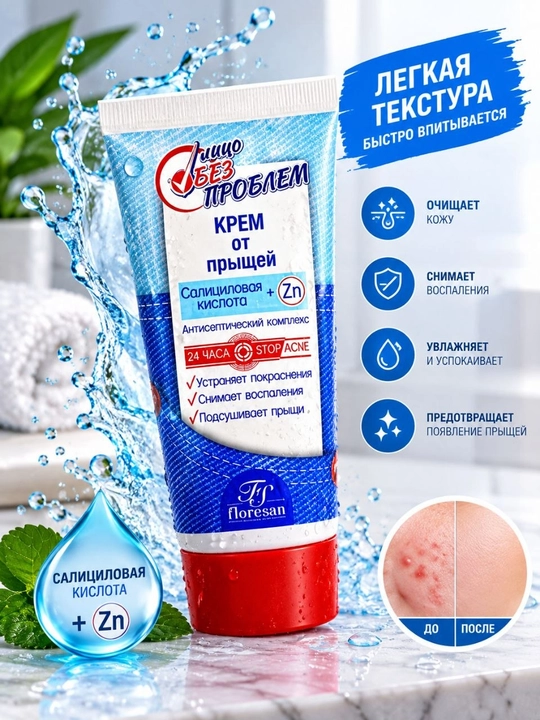 Yuz kremi Floresan "Лицо без проблем" husnbuzar va ugriga qarshi, salitsil kislotasi bilan