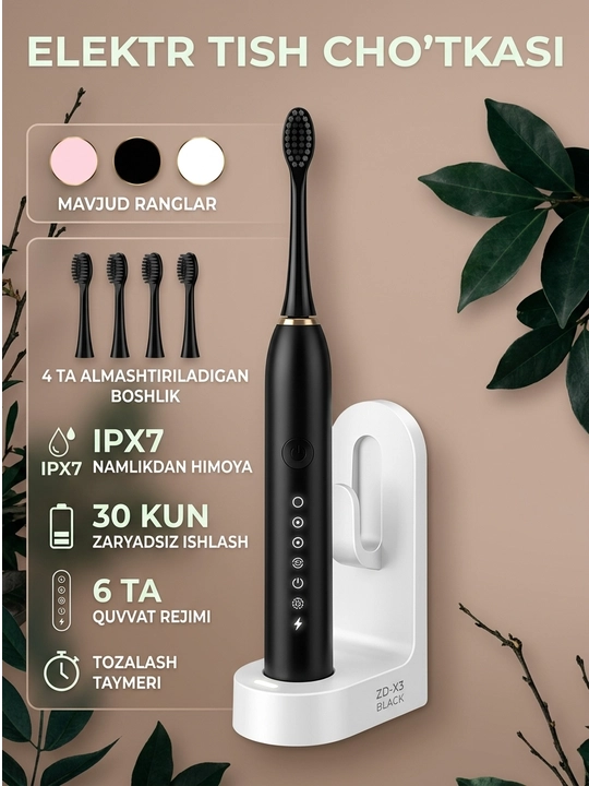 IPX7 elektr tish cho‘tkasi, 4 ta nasadka, 6 rejimli, taymer bilan, sovg‘a uchun juda qulay