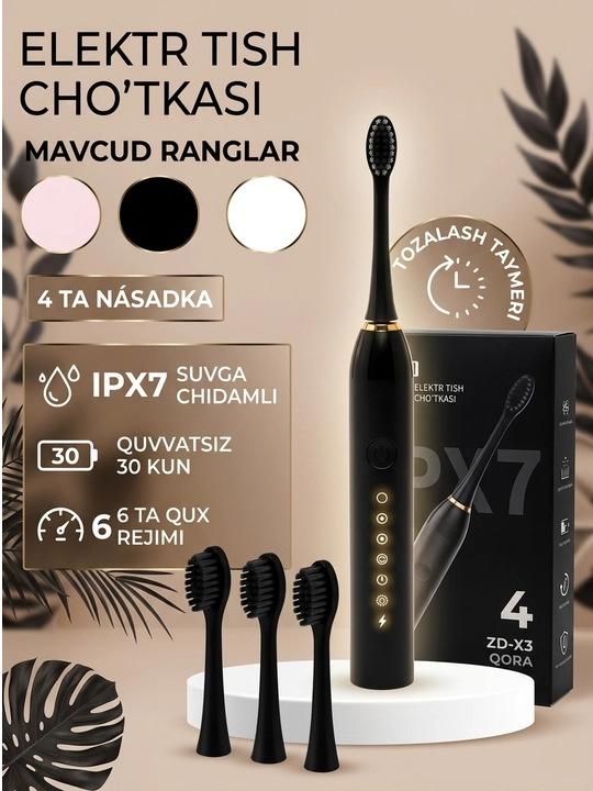 IPX7 elektr tish cho‘tkasi, 4 ta nasadka, 6 rejimli, taymer bilan, sovg‘a uchun juda qulay - 