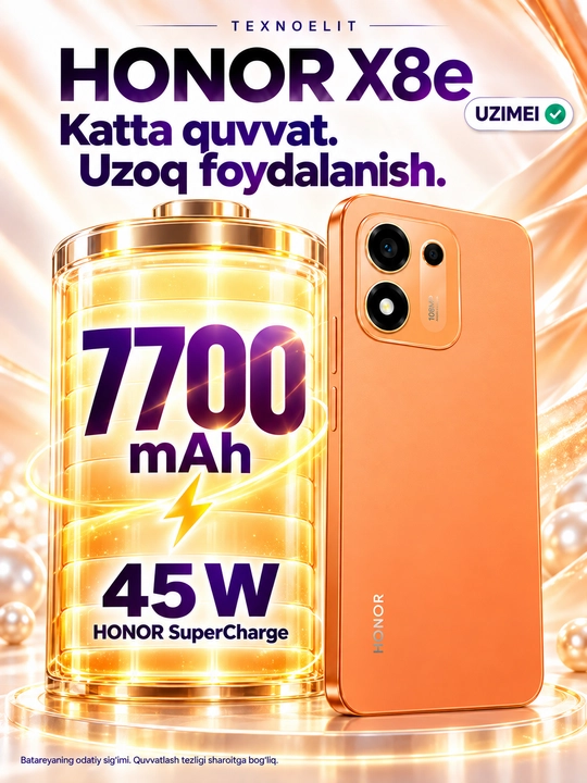 HONOR X8e 6/256 GB smartfoni, 108 MP kamera, 7700 mA·soat, 120 Hz ekran
