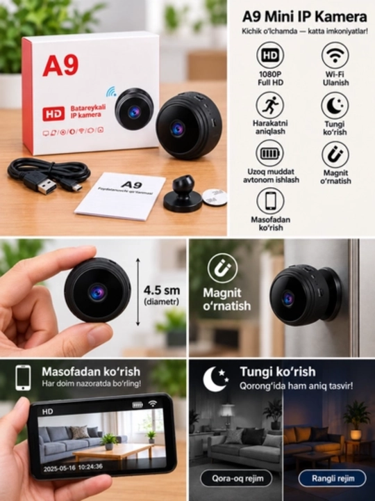 A9 mini IP-kamera: Full HD sifat, Wi-Fi, tungi tasvir va magnitli qulay oʻrnatish - 