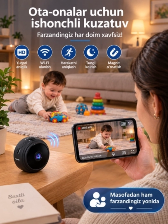 A9 mini IP-kamera: Full HD sifat, Wi-Fi, tungi tasvir va magnitli qulay oʻrnatish