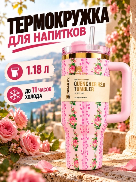 Термокружка Stanley 1,18 л, термос-стакан с ручкой и трубочкой - 