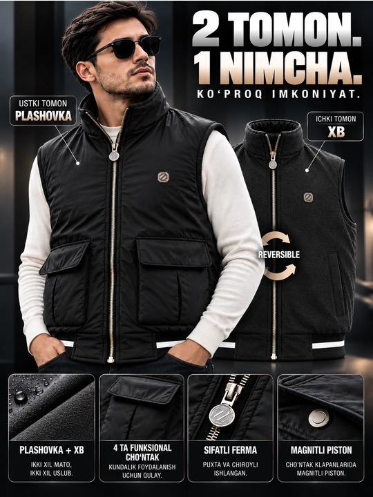 Erkaklar nimchasi, ikki tomonlama, plashovka, yengil kuzgi va bahorgi jilet, bezrukavka - 