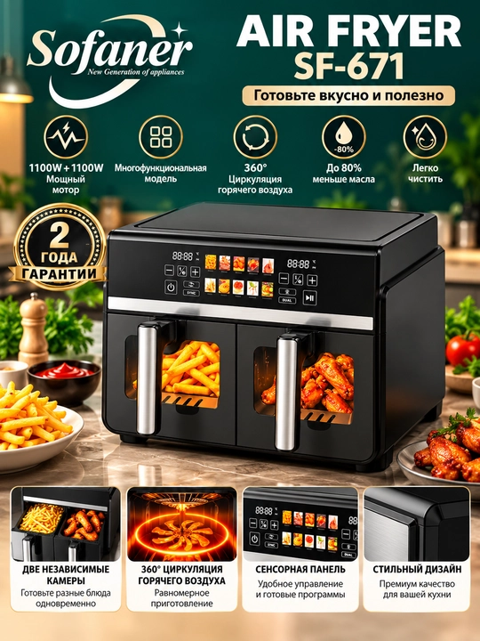 Elektr aerogril, 12 ta 1 ta, yog‘siz pishirish uchun friturnitsa, 6 l, 10 l - 