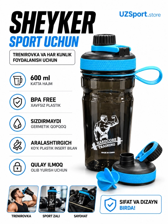 Sport butilkasi protein va geyner uchun, sheyker