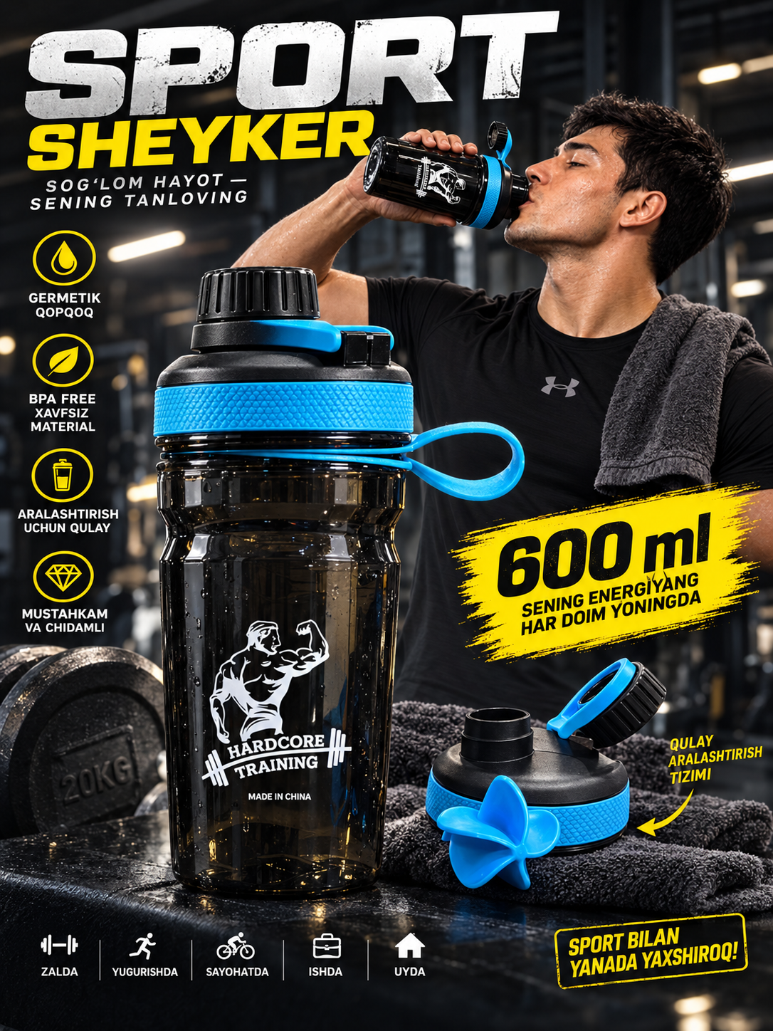 Sport butilkasi protein va geyner uchun, sheyker - 