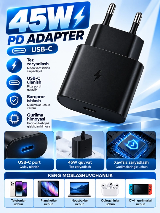 45W PD USB-C quvvat adapteri, tez zaryadlash uchun