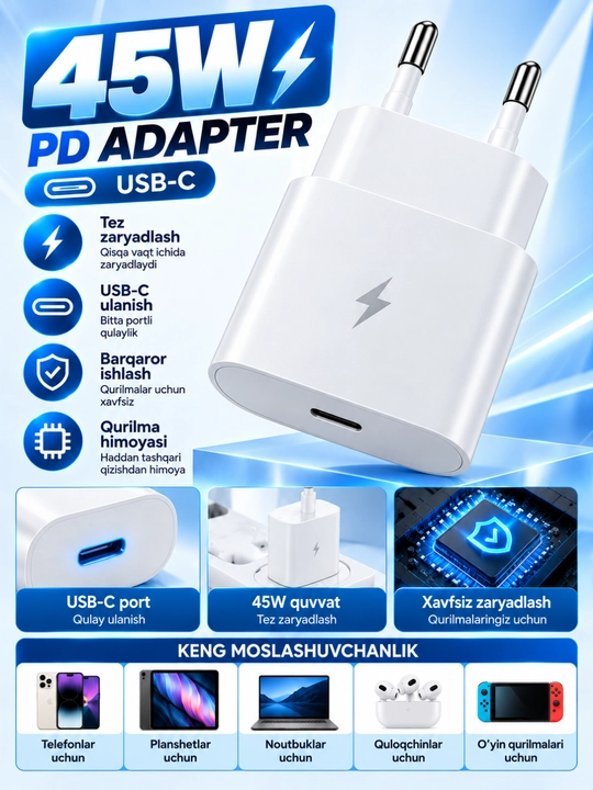 45W PD USB-C quvvat adapteri, tez zaryadlash uchun - 