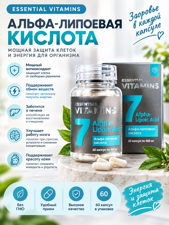 Alfa-lipoin kislotasi,400 mg – antioksidant, metabolizm va vazn nazorati uchun, 60 kapsula - 