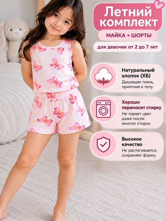 Детская пижама для девочки майка и шорты с бабочками - 