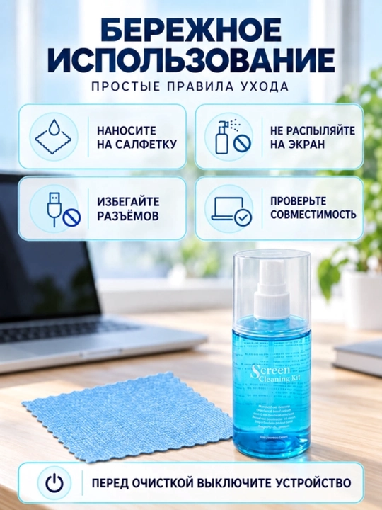 Набор для чистки ноутбука: спрей и многоразовая салфетка для экрана
