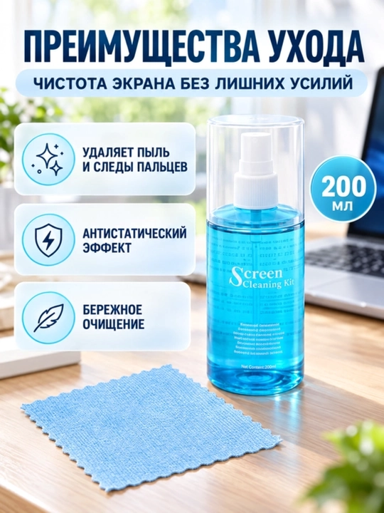 Набор для чистки ноутбука: спрей и многоразовая салфетка для экрана