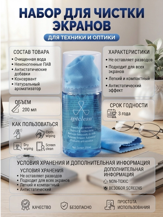 Набор для чистки ноутбука: спрей и многоразовая салфетка для экрана - 