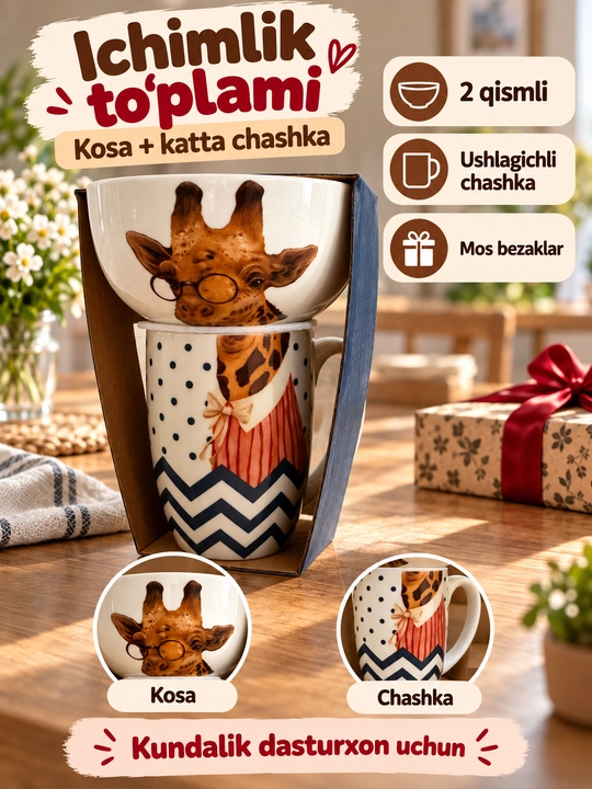 Kosa va krujka to'plami, chinni, hayvonlar rasmli, 4 xil dizayn, 2 dona