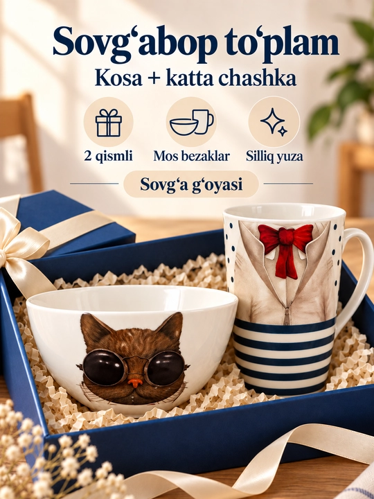 Kosa va krujka to'plami, chinni, hayvonlar rasmli, 4 xil dizayn, 2 dona