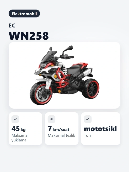 Elektr avtomobil mototsikli WN 258 bolalar uchun