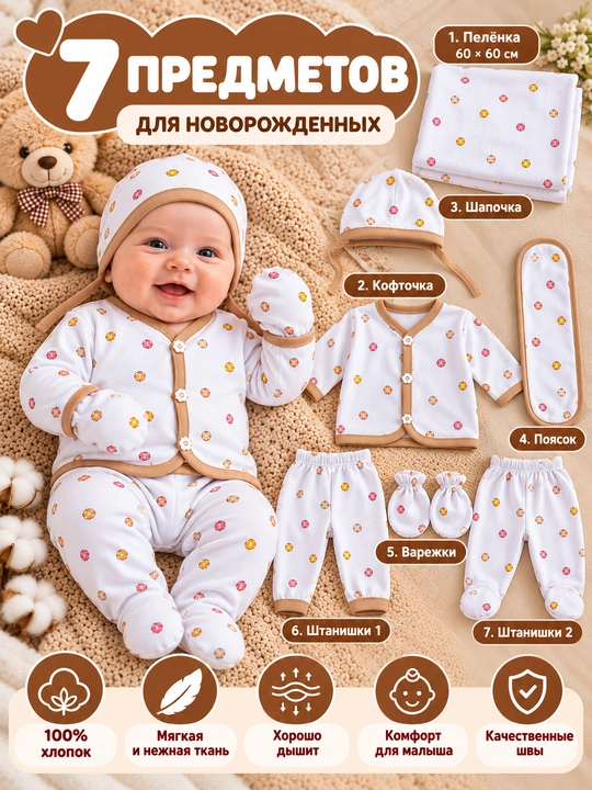 Комплект одежды для новорождённых 7 предметов, 100% хлопок, осень-зима-весна
