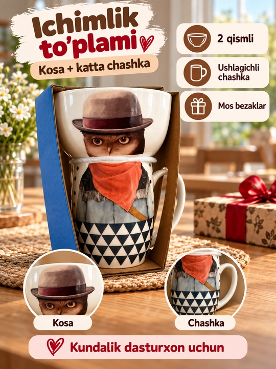 Набор кружка и пиала, фарфор, с рисунками животных, 4 дизайна, 2 предмета - 