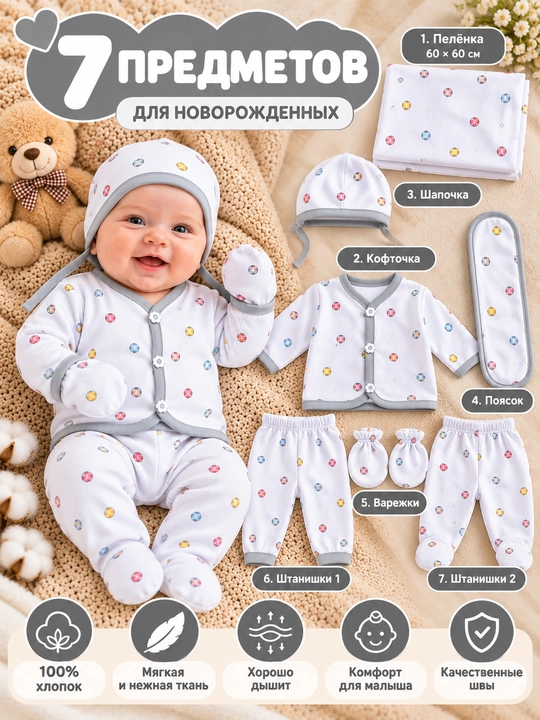 Комплект одежды для новорождённых 7 предметов, 100% хлопок, осень-зима-весна