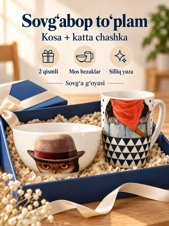Kosa va krujka to'plami, chinni, hayvonlar rasmli, 4 xil dizayn, 2 dona