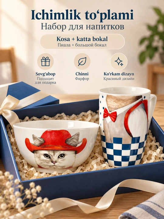Kosa va krujka to'plami, chinni, hayvonlar rasmli, 4 xil dizayn, 2 dona