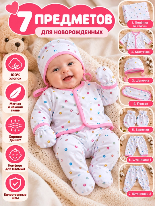 Комплект одежды для новорождённых 7 предметов, 100% хлопок, осень-зима-весна
