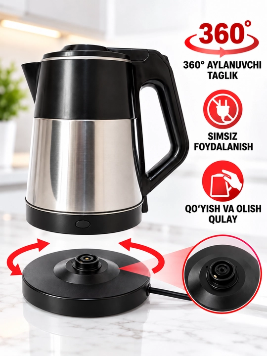 Elektr choynak 2,5 litr, 304 zanglamas po‘lat, 360° aylanuvchi baza, 1800W