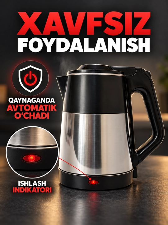 Elektr choynak 2,5 litr, 304 zanglamas po‘lat, 360° aylanuvchi baza, 1800W