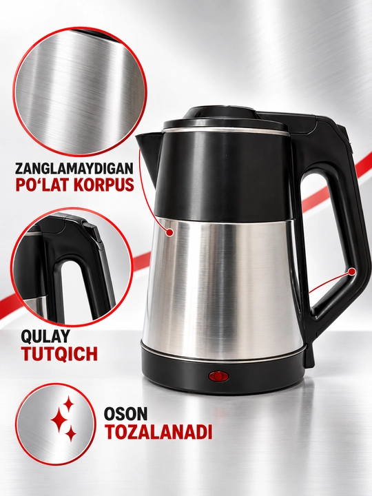 Elektr choynak 2,5 litr, 304 zanglamas po‘lat, 360° aylanuvchi baza, 1800W