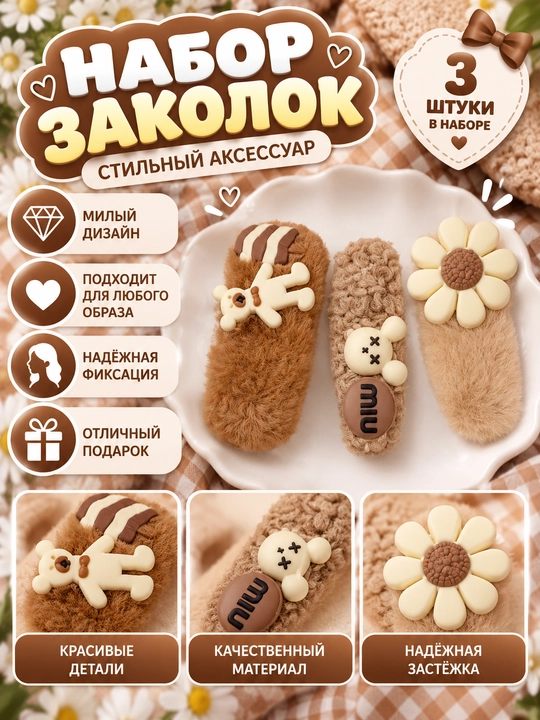 Набор мягких заколок для волос — 3 штуки - 