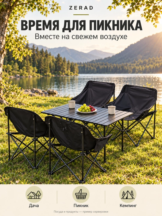 Piknik, dam olish, dala hovli va bog‘ uchun yig‘iladigan stol va stullar to‘plami