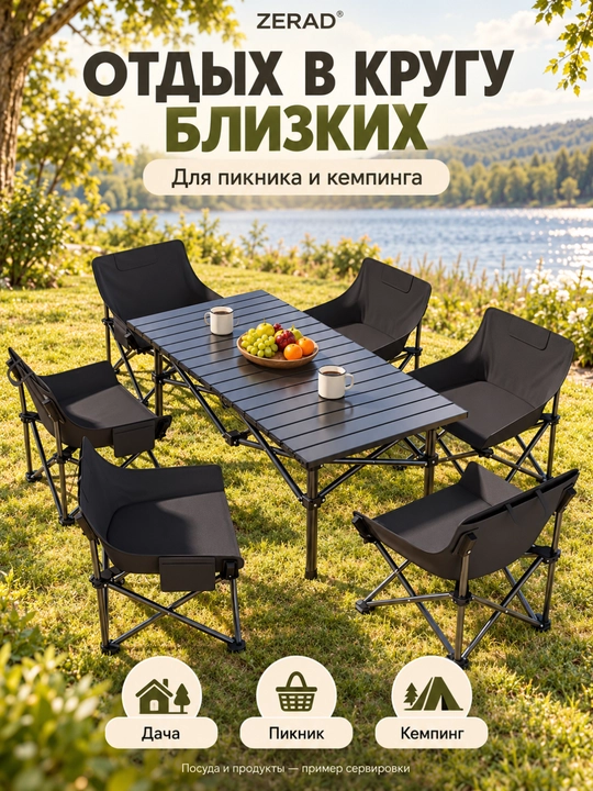 Piknik, dam olish, dala hovli va bog‘ uchun yig‘iladigan stol va stullar to‘plami