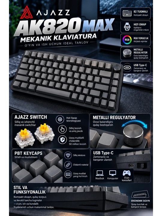 AJAZZ AK820 — geymerlar uchun mexanik klaviatura USB Type-C - 
