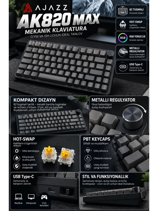 AJAZZ AK820 — geymerlar uchun mexanik klaviatura USB Type-C