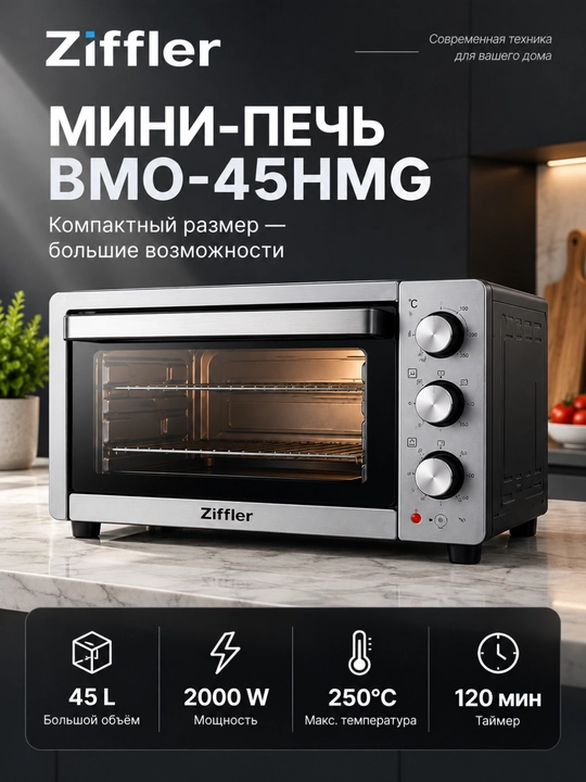 Мини-печь Ziffler BMO-45HMG, 45 л, 2000 Вт, таймер 120 минут, до 250°C - 