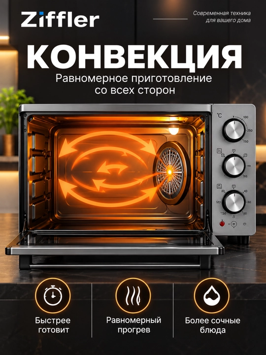 Мини-печь Ziffler BMO-45HMG, 45 л, 2000 Вт, таймер 120 минут, до 250°C