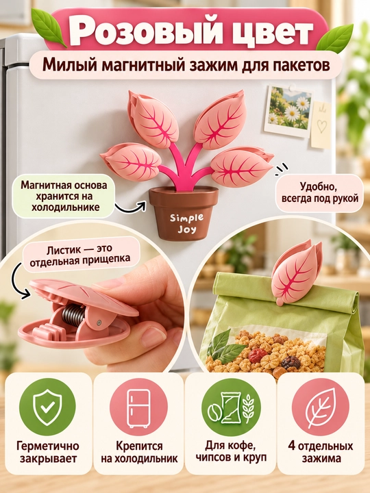 Paketlar uchun magnitli “Gul” qisqichi, muzlatkichga o‘rnatiladigan organayzer - 