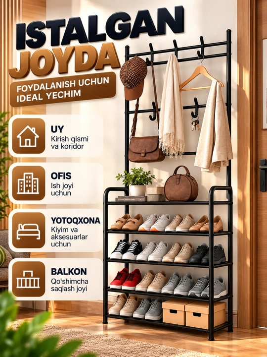 Oyoq kiyim javoni kiyim ilgich bilan, kirishxona uchun polka, 170×80×26 sm - 