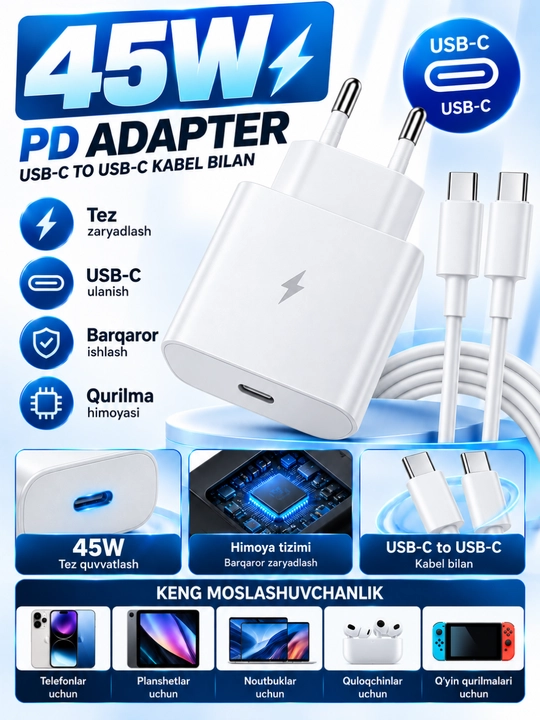 45W PD USB-C zaryadlovchi adapter, Type-C kabel 5A bilan, tez zaryadlash - 