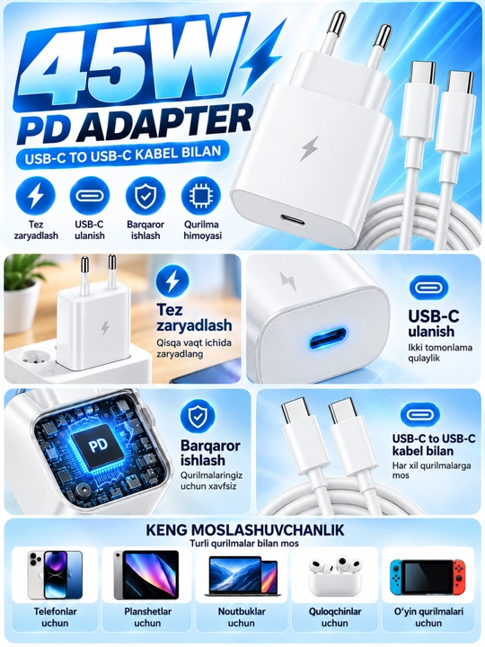 45W PD USB-C zaryadlovchi adapter, Type-C kabel 5A bilan, tez zaryadlash
