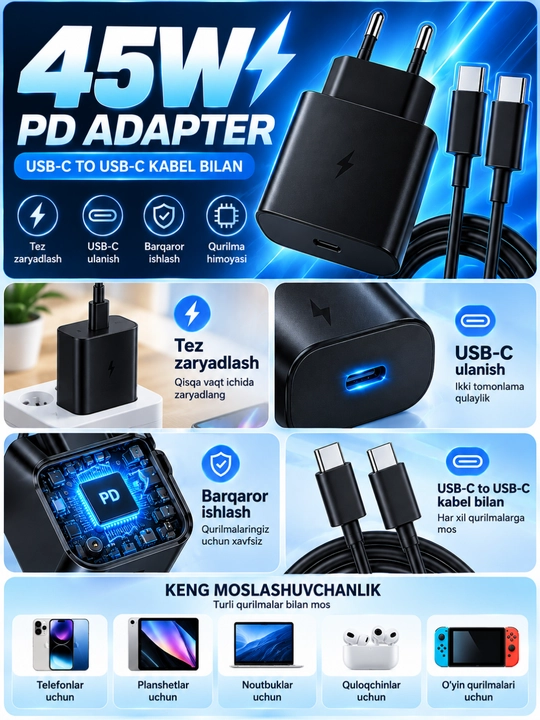45W PD USB-C zaryadlovchi adapter, Type-C kabel 5A bilan, tez zaryadlash