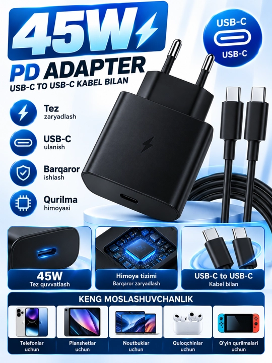 45W PD USB-C zaryadlovchi adapter, Type-C kabel 5A bilan, tez zaryadlash - 